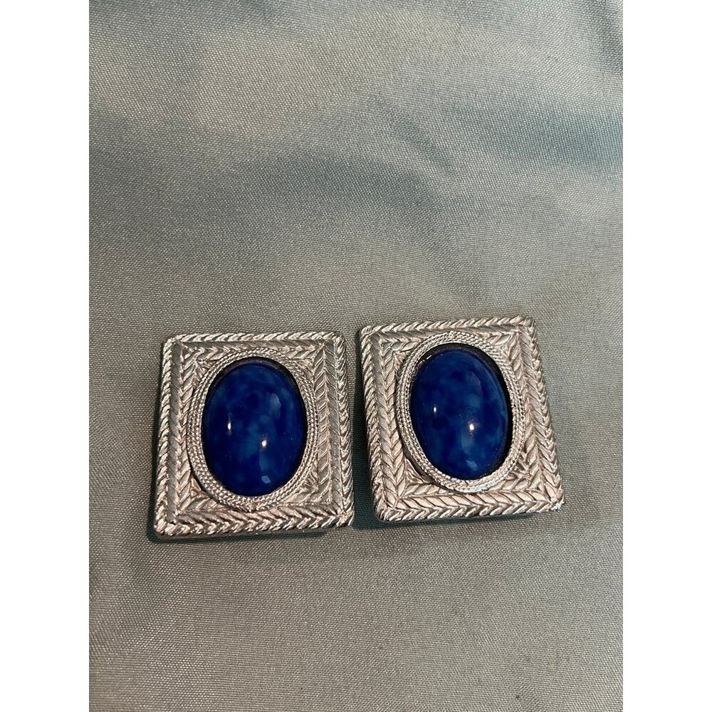 Vintage Silver-Tone Square Clip-On Earrings with Blue Cabochon